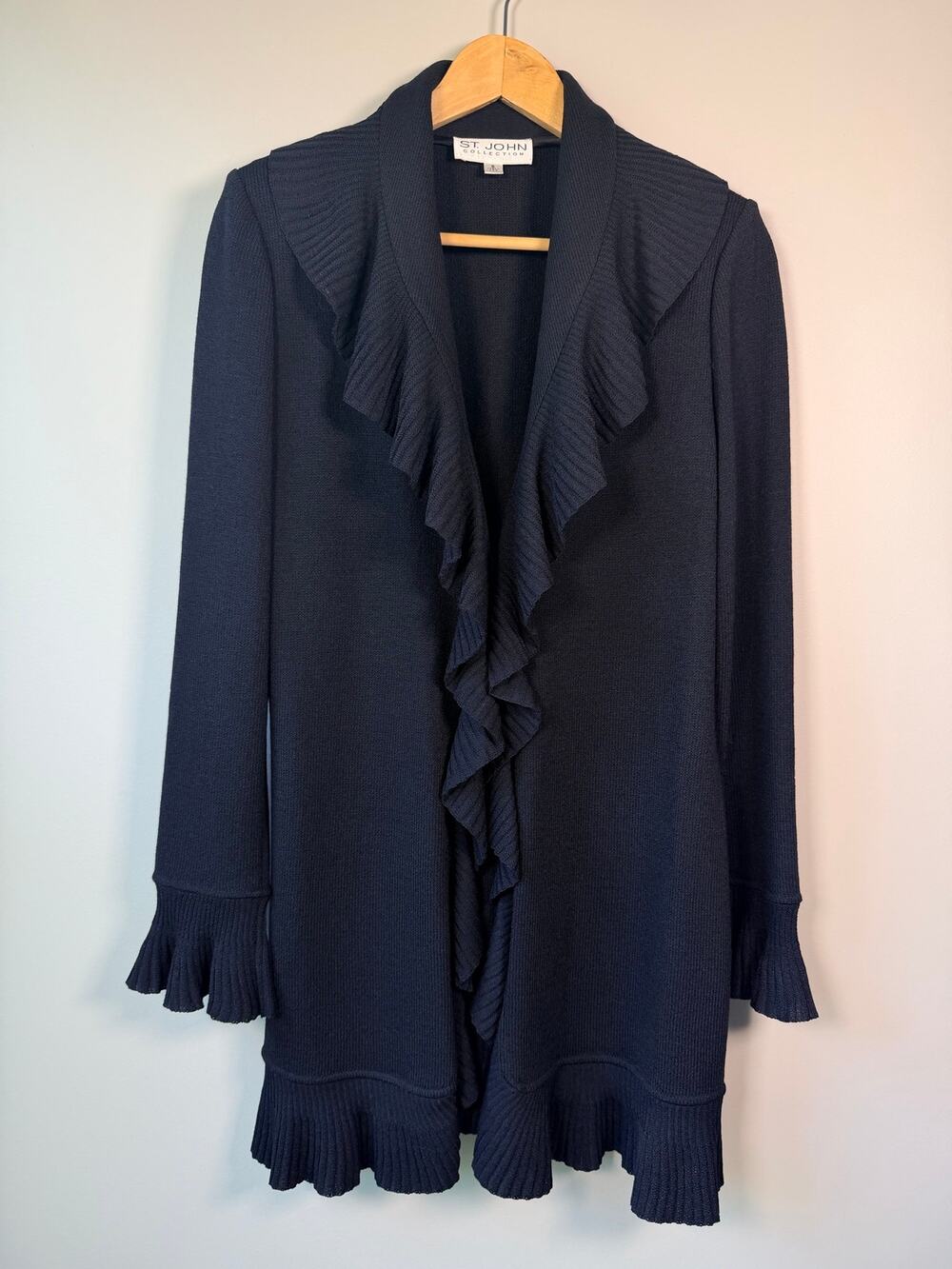 St. John Collection Size 6 Kelly Coat Cardigan Ruffle Front Long Tie Closure